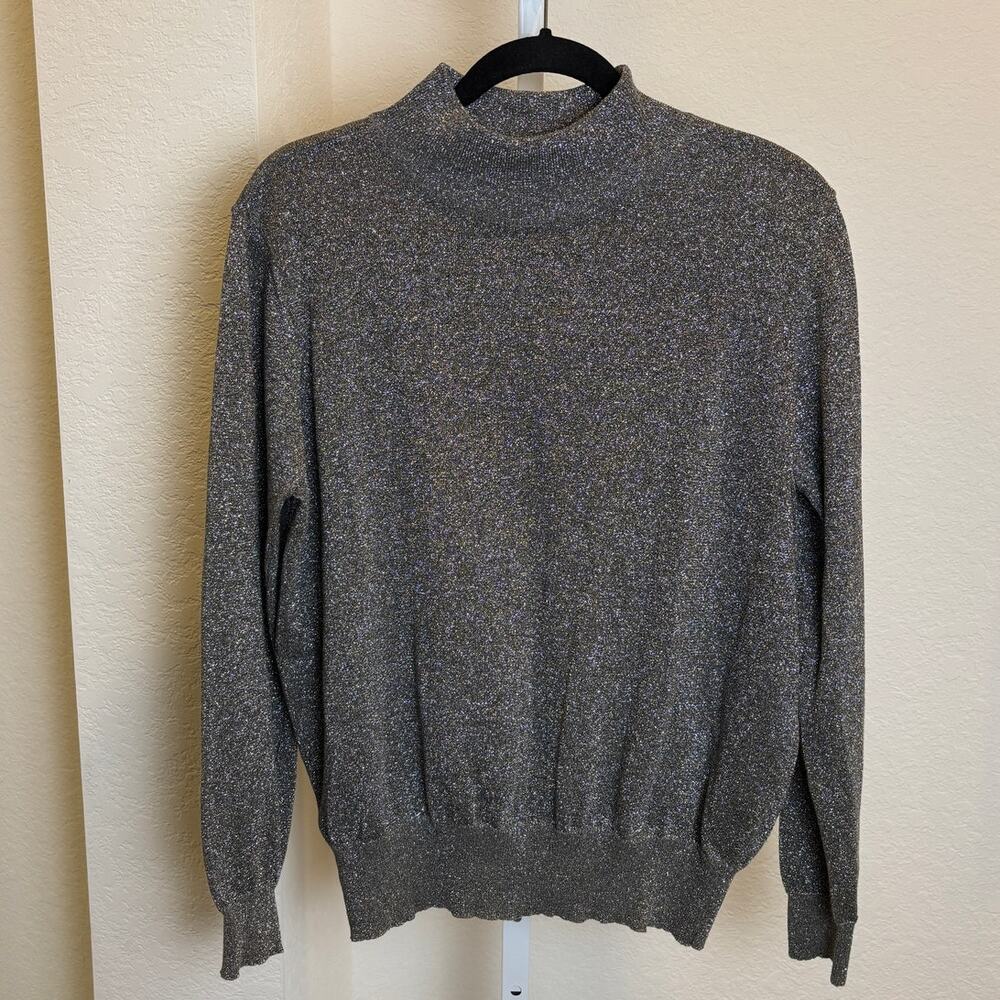Preston & York Womens Silver Metallic Mock Long Sleeve Turtleneck Sweater Large